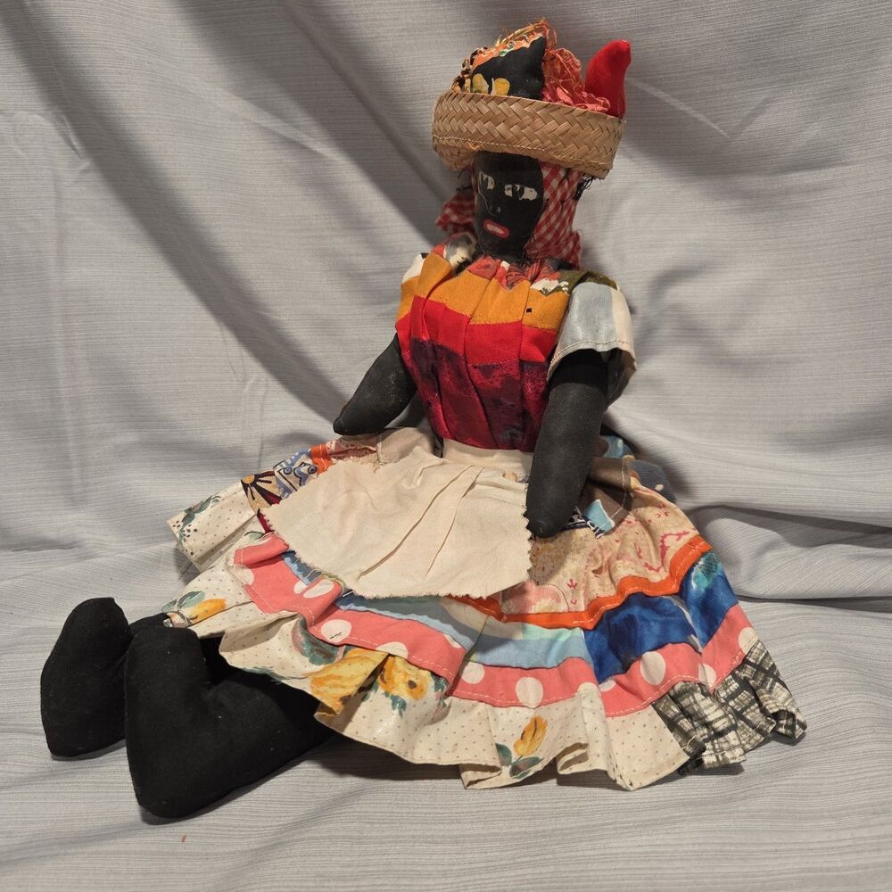 VTG Jamaican Island Caribbean Handmade Cloth Straw 16" Folk Art Doll